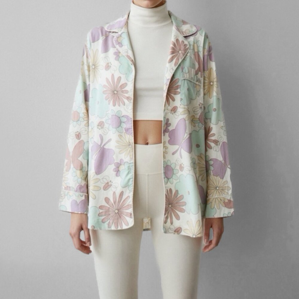 Shabby Chic Floral Pastel Jacket Oversized S Cottage 100% Cotton Hippie 70s Boho